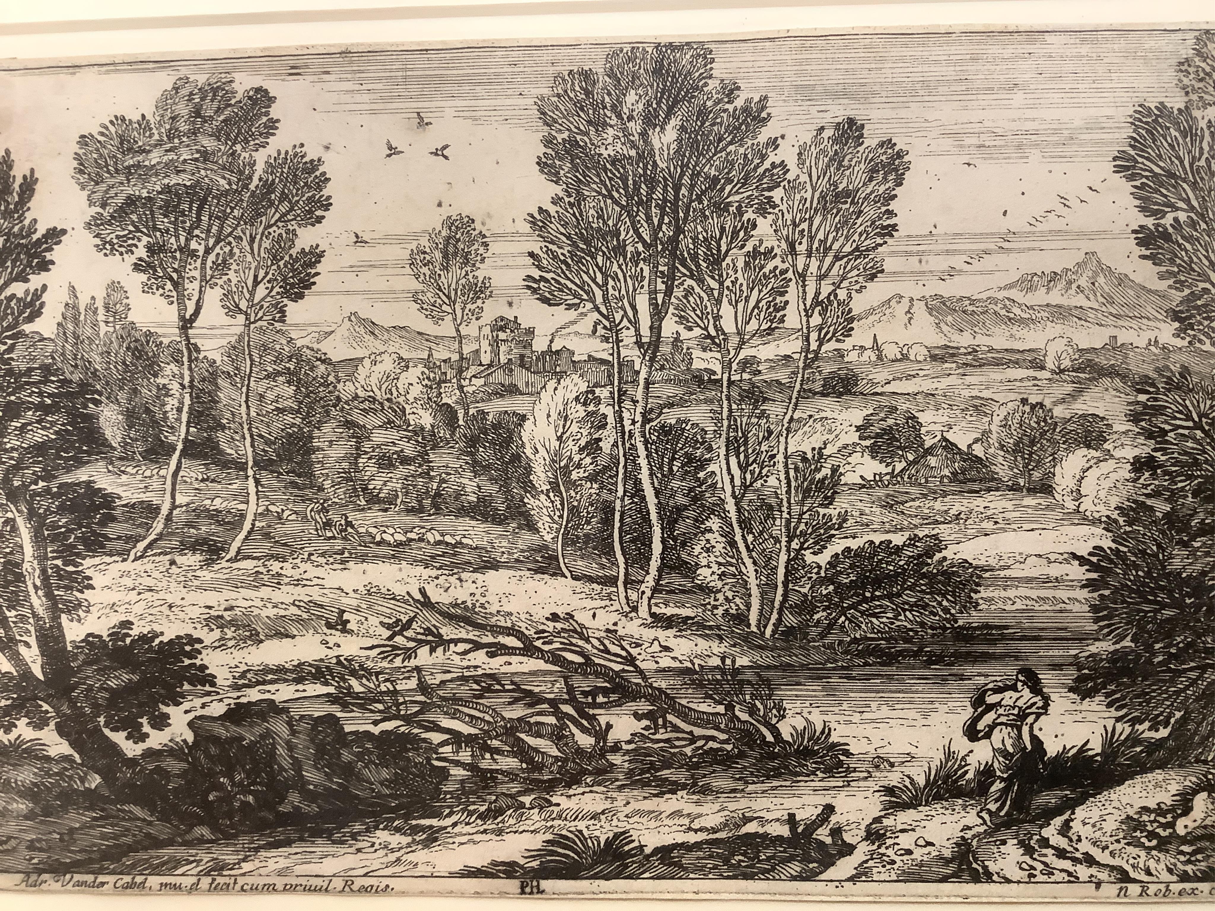 After Jonas Umbach the elder (German, 1624–1693), ‘Italian Landscape with Ruins’, etching and after Adriaen van der Cabel (Dutch, 1631-1705), Landscape with woman Walking Along the River’, etching, largest 15 x 23cm